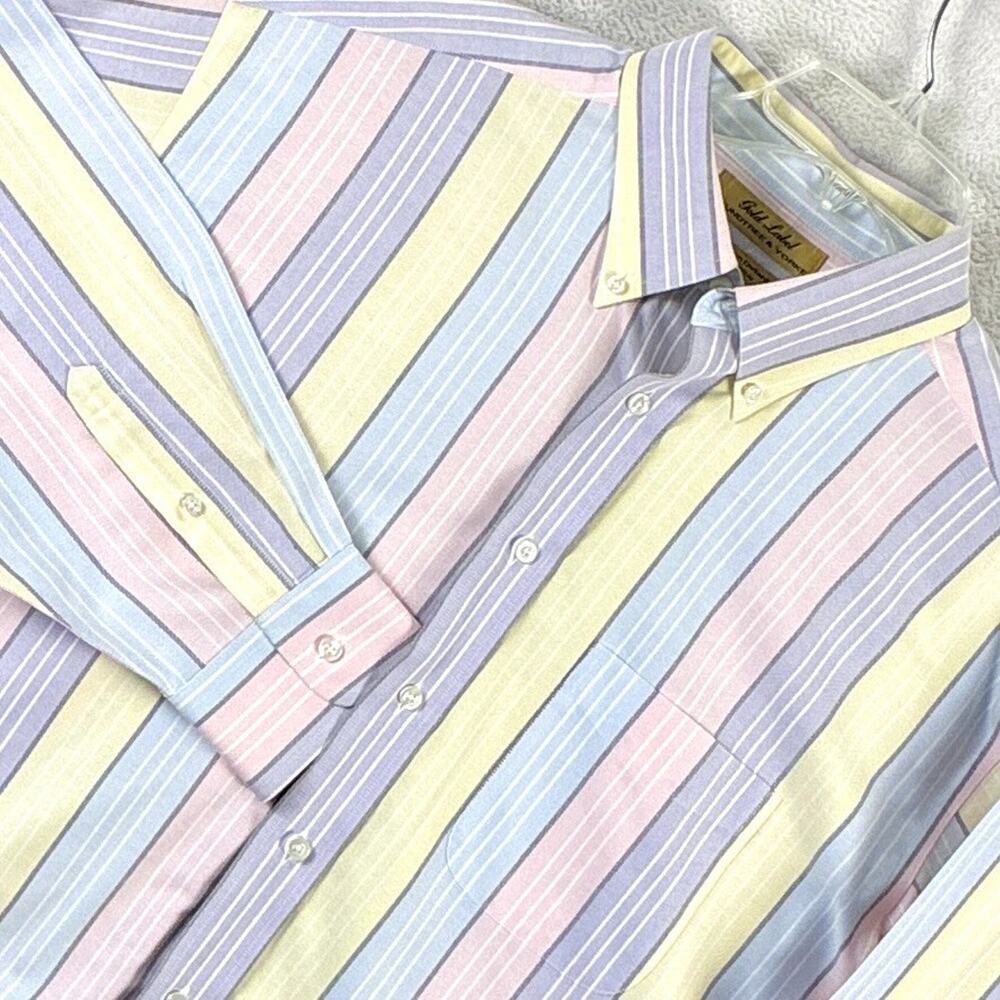 VTG Roundtree & Yorke Oxford Shirt Men 16.5 (L) Pastel Stripe Preppy Classic 90s